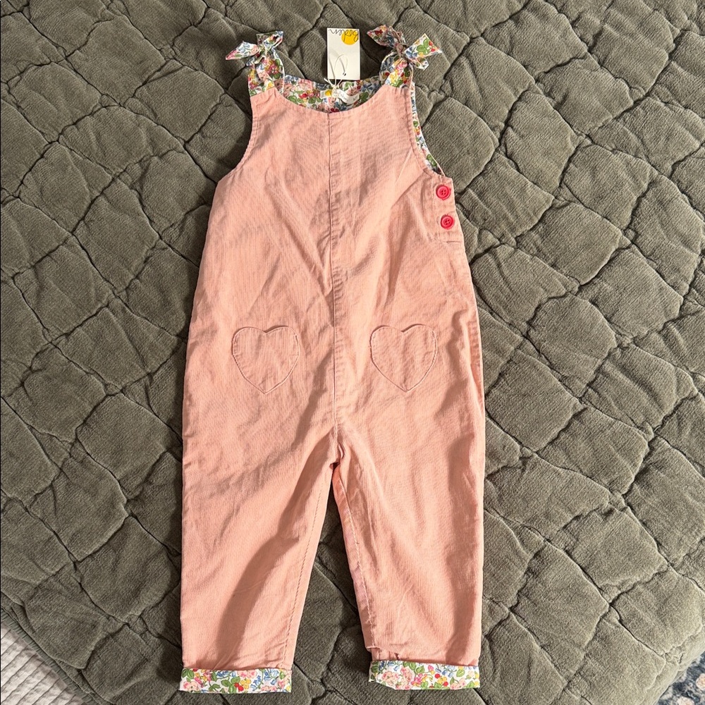 Mini Boden Pink Corduroy Dungarees with Heart Pockets and Bows on Shoulder